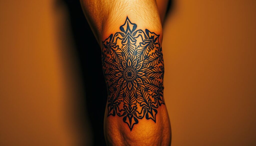A detailed mandala design gracefully wraps around the contours of a muscular knee. The intricate patterns radiate outward, their symmetrical forms imbued with a sense of mysticism and spiritual energy. The tattoo is rendered in a bold, high-contrast style, with crisp linework and deep, saturated colors that create a striking visual impact. Warm, directional lighting casts subtle shadows, accentuating the three-dimensional form of the knee and adding depth to the design. The overall composition is centered and balanced, conveying a sense of tranquility and inner focus. This knee tattoo embodies the power of symbolic, sacred geometry to inspire contemplation and connection with the divine.