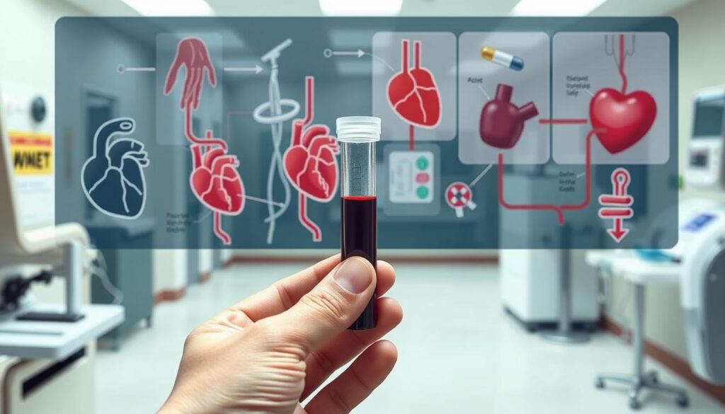 A detailed medical illustration showcasing various health conditions that can impact blood donation eligibility. In the foreground, a hand holds a blood sample vial, symbolizing the testing process. The middle ground features anatomical diagrams of the circulatory system, highlighting potential issues like heart conditions, infections, and medications. The background depicts a clinical environment with medical equipment, creating a sense of the healthcare setting. The lighting is soft and diffused, emphasizing the informative and educational tone. The composition and angles convey a sense of professionalism and authority, suitable for inclusion in an article about blood donation eligibility criteria.