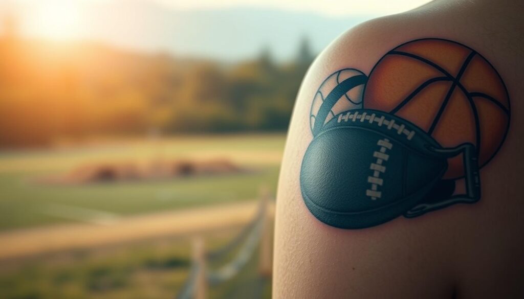 A detailed memorial tattoo showcasing sports equipment and hobbies against a softly blurred background. In the foreground, a realistic tattoo design featuring a basketball, football, and baseball glove, delicately shaded and rendered with intricate linework. The middle ground depicts a tranquil, out-of-focus nature scene, hinting at the serene, contemplative atmosphere. Warm, diffused lighting from the side creates depth and highlights the textural details of the tattoo ink. The overall tone is somber yet celebratory, honoring a life well-lived through the lens of the departed's passions.