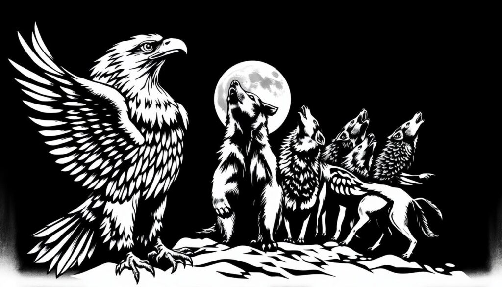 A detailed, monochrome illustration depicting traditional American animal designs. In the foreground, a bold eagle with outstretched wings, its intricate feather patterns rendered in high contrast. In the middle ground, a fierce bear standing tall, its powerful form captured in a classic tattoo-style composition. In the background, a pack of wolves howling at a full moon, their silhouettes creating a mesmerizing, tribal-inspired pattern. The scene is illuminated by dramatic, theatrical lighting, casting dramatic shadows that accentuate the bold, graphic lines and organic shapes. The overall aesthetic evokes the timeless, iconic style of American traditional tattoo art.