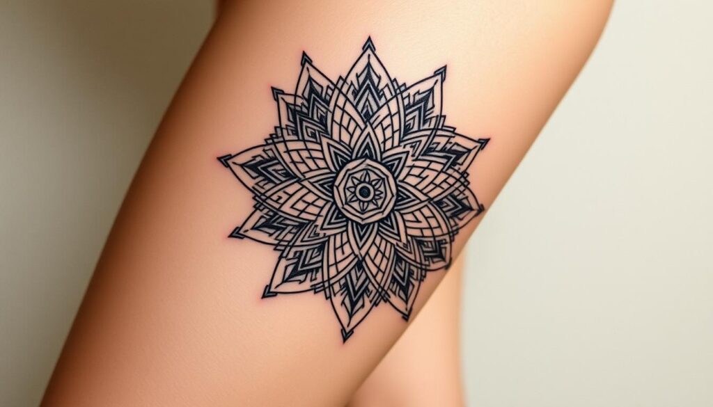 A detailed, ornate geometric pattern of interconnected lines, triangles, and mandala shapes wraps elegantly around a feminine thigh. The design features a harmonious blend of bold, angular elements and softer, curvilinear accents, creating an aesthetically pleasing balance. Delicate shadows and highlights accentuate the intricate textures, while a warm, muted color palette evokes a sense of sophistication and timelessness. The tattoo is captured from a slightly elevated angle, showcasing the graceful flow of the pattern across the contours of the leg. An overall aura of understated elegance and refined artistry pervades the scene.