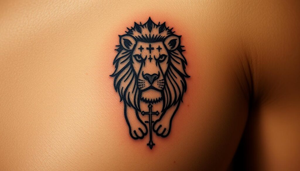 A detailed, photorealistic image of a small Christian lion tattoo design. The tattoo is centered in the frame, showcasing the intricate linework and shading. The lion has a proud, majestic expression with a thick mane and fierce eyes. The design features delicate crosses and religious iconography woven into the lion's body. The tattoo is shown on tanned, textured skin with pores and small imperfections, creating a sense of realism. The lighting is soft and directional, casting subtle shadows that accentuate the depth and dimensionality of the tattoo. The background is blurred, keeping the focus on the detailed tattoo design. The overall tone is reverent and inspiring, capturing the spiritual essence of a small Christian lion tattoo.