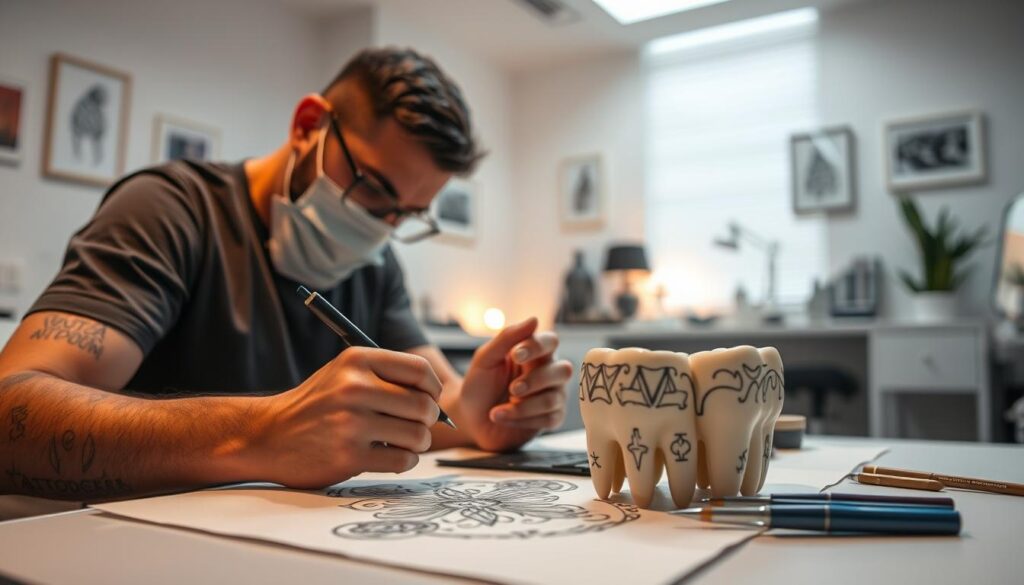 A detailed process of a tooth tattoo design unfolds in a well-lit studio. In the foreground, a tattoo artist meticulously sketches intricate patterns and symbols on a tooth model, capturing the essence of the client's vision. The middle ground reveals the artist carefully selecting inks and preparing the tools, ensuring a precise and hygienic execution. In the background, a clean and sterile environment with minimalist decor sets the stage for the artistic transformation. Soft, diffused lighting casts a warm glow, creating a serene and focused atmosphere as the tattoo design takes shape, reflecting the bold and personal nature of this unique body art.