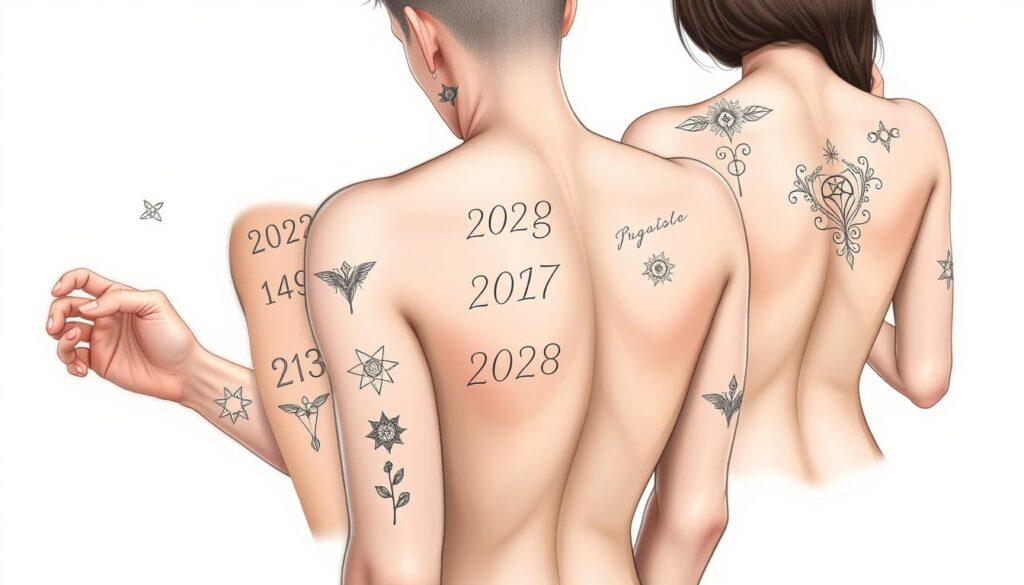 A detailed, realistic illustration of various creative birth date tattoo ideas, showcasing a range of designs and placements on the human body. The foreground features a diverse set of tattoos, including numerical dates, astrological symbols, and nature-inspired motifs, delicately inked on the skin with precise linework and shading. The middle ground highlights the diverse placement of these tattoos, from the wrist, shoulder, and behind-the-ear to the ribcage and upper back, capturing the personalization and unique expression of each design. The background maintains a clean, minimalist aesthetic, allowing the tattoos to be the focal point, with soft, directional lighting accentuating the textures and details of the skin and ink. The overall composition conveys a sense of thoughtfulness, artistry, and the meaningful celebration of one's birth date through body art.