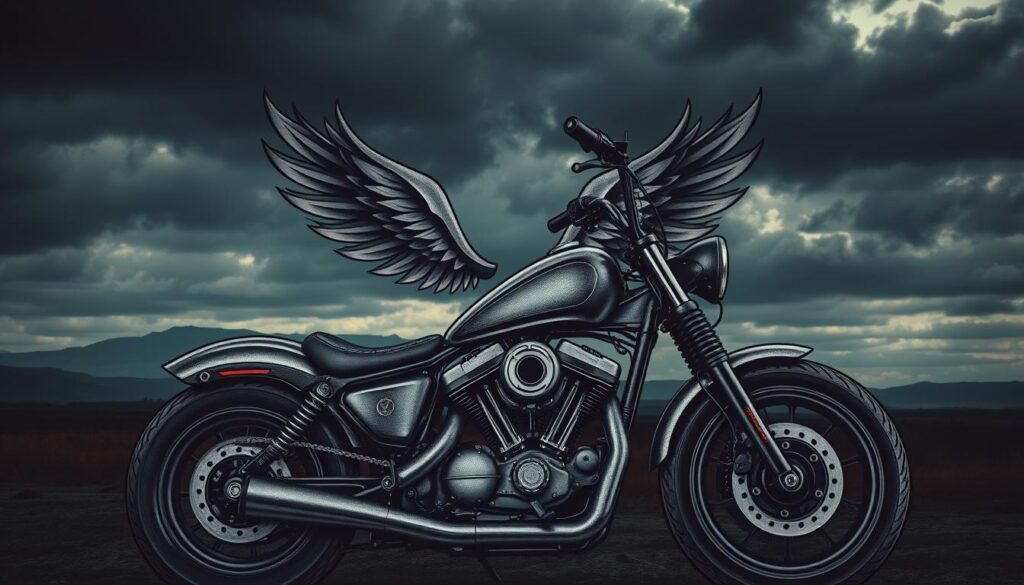 A detailed, realistic motorcycle tattoo design against a dramatic backdrop. In the foreground, intricate linework depicts a motorcycle engine, gears, and exhaust pipes, with a sense of movement and power. The middle ground features bold, stylized wings or flames, symbolizing freedom and speed. In the background, a moody, atmospheric landscape with dark clouds and dramatic lighting creates a sense of adventure and rebellion. The entire composition has a gritty, grunge-inspired aesthetic, reflecting the rugged, individualistic nature of motorcycle culture.