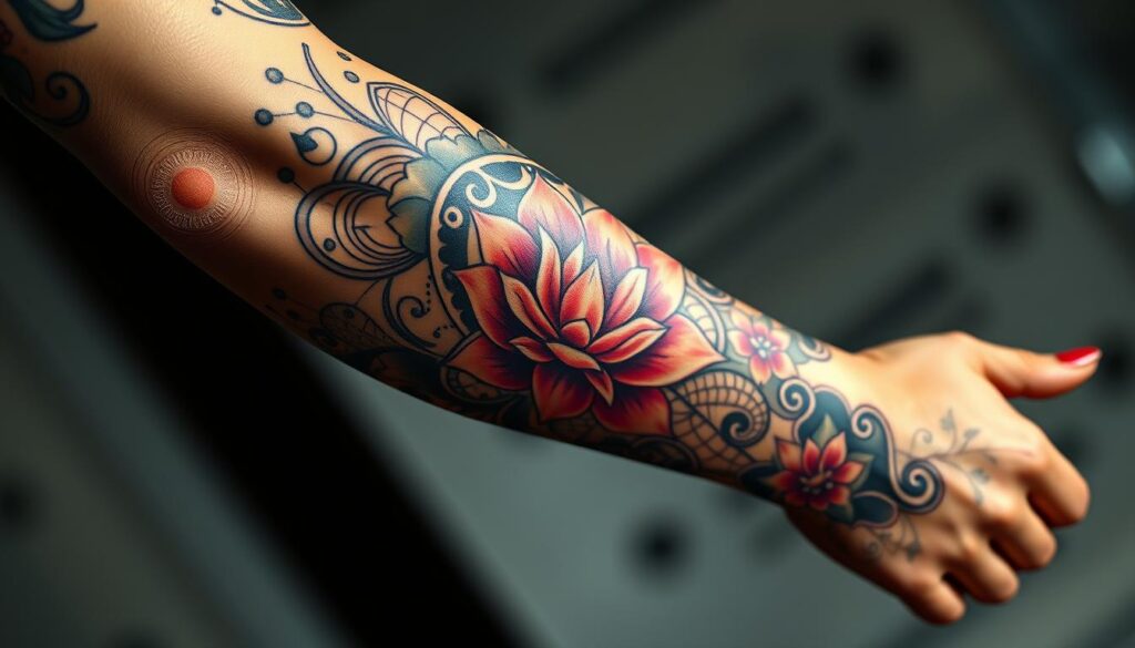 A detailed, realistic sleeve tattoo of intricate floral and geometric designs, rendered in a photorealistic style with a high level of detail. The tattoo wraps around the forearm, with the main focal point being a large, vibrant lotus blossom in the center, surrounded by swirling lines, dots, and abstract patterns in rich, saturated colors. The background is blurred, emphasizing the three-dimensional, inked appearance of the tattoo against the skin. Lit from the side to create dramatic shadows and highlights, capturing the depth and textures of the ink. Photographed at a slight angle to showcase the full length of the sleeve design.