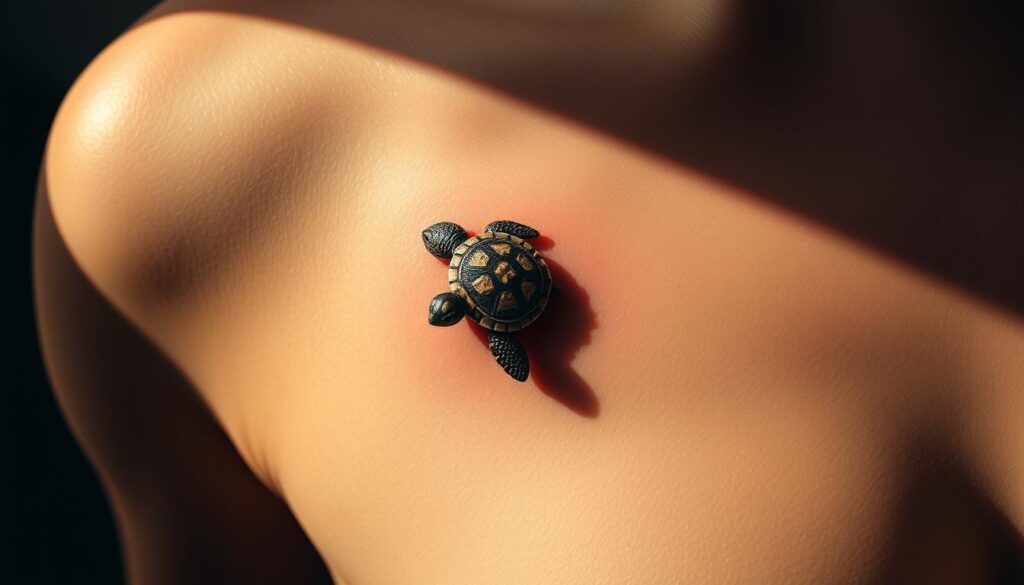 A detailed, realistic tattoo on a person's skin depicting a small, detailed turtle with a shell showcasing intricate patterns and textures. The turtle is positioned elegantly, occupying a natural space on the body, seamlessly integrating with the contours of the skin. The lighting casts warm, subtle shadows, highlighting the depth and dimension of the tattoo design. The overall composition conveys a sense of tranquility and a meaningful connection between the individual and the natural world.