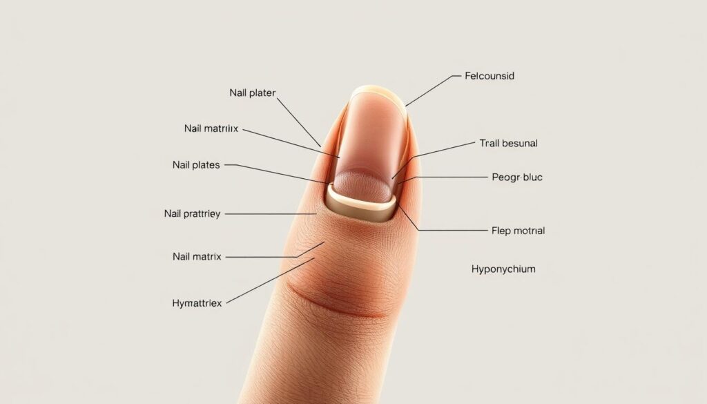 A detailed, scientifically accurate diagram of a human fingernail's anatomy, showcasing its various layers and structures. The nail plate, nail bed, nail matrix, hyponychium, and other key components are illustrated with precision, rendered in a clean, technical style with muted, earthy tones. The image features a neutral background, allowing the nail diagram to be the central focus, presented from an angled, three-quarter view to provide maximum clarity and visual interest. Subtle lighting from the top-left casts soft shadows, enhancing the depth and dimensionality of the illustration. The overall mood is one of educational utility, conveying the intricacies of nail anatomy in a visually compelling manner. A detailed, scientifically accurate diagram of a human fingernail's anatomy, showcasing its various layers and structures. The nail plate, nail bed, nail matrix, hyponychium, and other key components are illustrated with precision, rendered in a clean, technical style with muted, earthy tones. The image features a neutral background, allowing the nail diagram to be the central focus, presented from an angled, three-quarter view to provide maximum clarity and visual interest. Subtle lighting from the top-left casts soft shadows, enhancing the depth and dimensionality of the illustration. The overall mood is one of educational utility, conveying the intricacies of nail anatomy in a visually compelling manner.