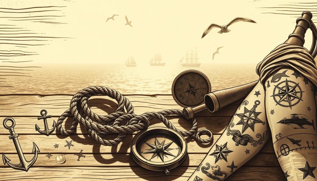 A detailed sepia-toned illustration of nautical tattoos against a weathered wooden background. In the foreground, a variety of intricate tattoo designs are prominently displayed, including anchors, ships, compasses, and nautical stars. The middle ground features a coiled rope, a vintage compass, and a spyglass, casting subtle shadows across the composition. In the background, a hazy, sun-dappled horizon evokes the open ocean, with faint outlines of ships and seagulls visible. The overall mood is one of rugged adventure and timeless maritime tradition, captured with a vintage photographic aesthetic.