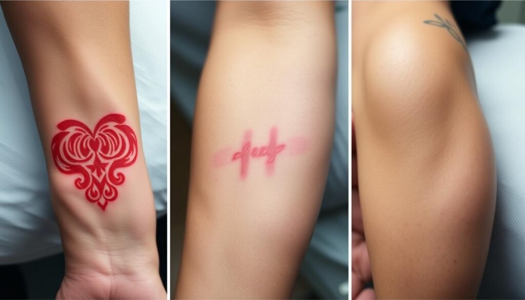 A detailed sequence of tattoo healing stages, showcasing the transition from fresh ink to fully healed skin. The foreground features a close-up view of a vibrant, newly-tattooed design on the inner forearm, with visible redness and slight swelling. The middle ground depicts the gradual fading of color and reduction of inflammation over the following days. In the background, the final stage is depicted, revealing the fully healed tattoo with crisp, well-defined lines and a smooth, healthy skin texture. Soft, natural lighting illuminates the stages, capturing the subtle changes in the tattoo's appearance. The overall mood conveys the importance of proper aftercare in ensuring a tattoo's longevity and vibrancy. A detailed sequence of tattoo healing stages, showcasing the transition from fresh ink to fully healed skin. The foreground features a close-up view of a vibrant, newly-tattooed design on the inner forearm, with visible redness and slight swelling. The middle ground depicts the gradual fading of color and reduction of inflammation over the following days. In the background, the final stage is depicted, revealing the fully healed tattoo with crisp, well-defined lines and a smooth, healthy skin texture. Soft, natural lighting illuminates the stages, capturing the subtle changes in the tattoo's appearance. The overall mood conveys the importance of proper aftercare in ensuring a tattoo's longevity and vibrancy.