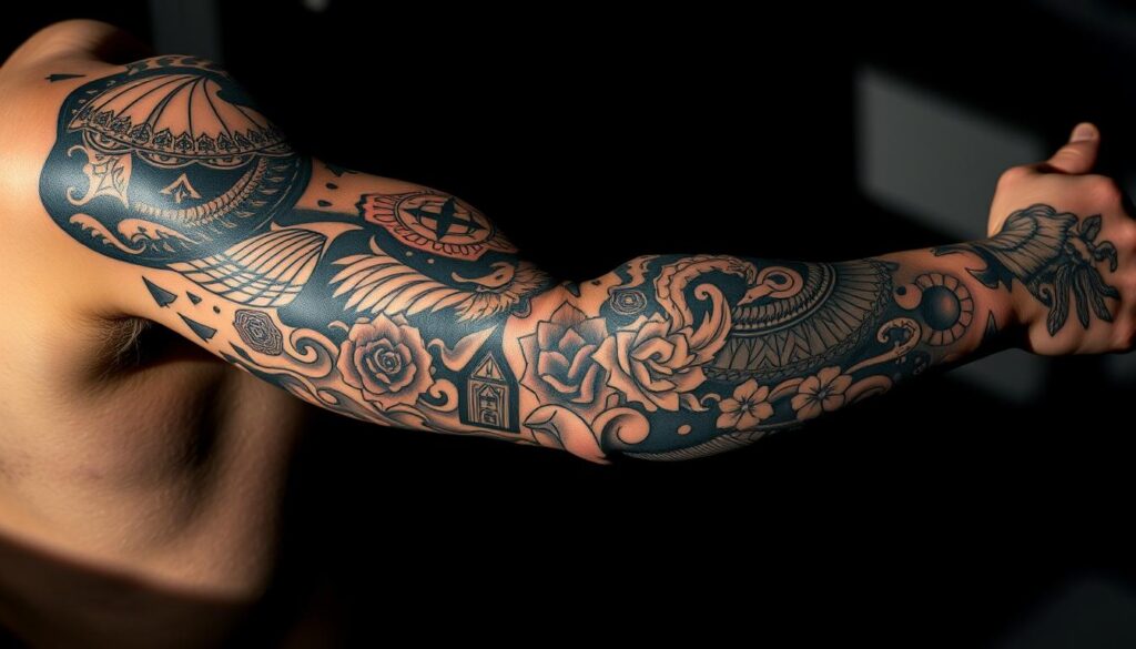 A detailed sleeve tattoo design featuring intricate patterns, bold linework, and a harmonious color palette. The tattoo covers the full length of the arm, showcasing a captivating narrative with mythical creatures, floral motifs, and geometric elements. The lighting is dramatic, casting shadows that accentuate the depth and texture of the tattoo. The camera angle is slightly angled, providing a visually striking perspective that captures the full breadth and artistry of the sleeve. The overall mood is one of mysticism and personal expression, reflecting the wearer's unique identity and style.
