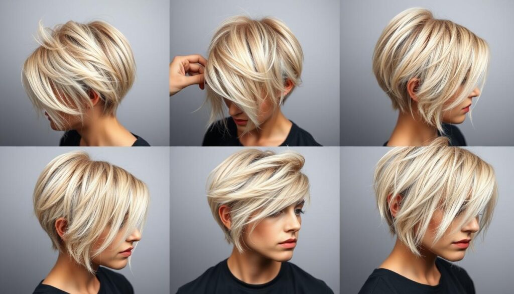 A detailed step-by-step guide to achieving the stunning blonde wolf cut hairstyle. A series of close-up, high-resolution images showing the layered, textured cut from multiple angles under soft, diffuse studio lighting. Capture the intricate, wispy steps of the cut, with the hair strands falling in a natural, flowing manner. Emphasize the voluminous, shaggy yet structured appearance of the wolf cut, with soft, feathered layers framing the face. Convey the effortless, stylish appeal of this on-trend hairstyle through a visually striking, technically precise illustration.