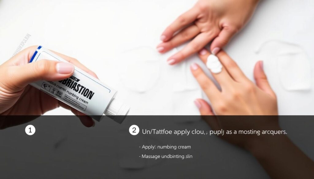 A detailed step-by-step guide to applying tattoo numbing cream. In the foreground, a hand holds a tube of numbing cream, preparing to squeeze a generous amount onto the fingertips. The middle ground shows the application process, with the fingers gently massaging the cream into the skin in small circular motions. The background features a simple, clean backdrop, allowing the focus to remain on the application technique. The lighting is soft and diffused, creating a calm, clinical atmosphere. The angle is slightly overhead, providing a clear view of the application steps. The overall mood is one of care and attention to detail, reflecting the importance of proper numbing cream usage before a tattoo session.