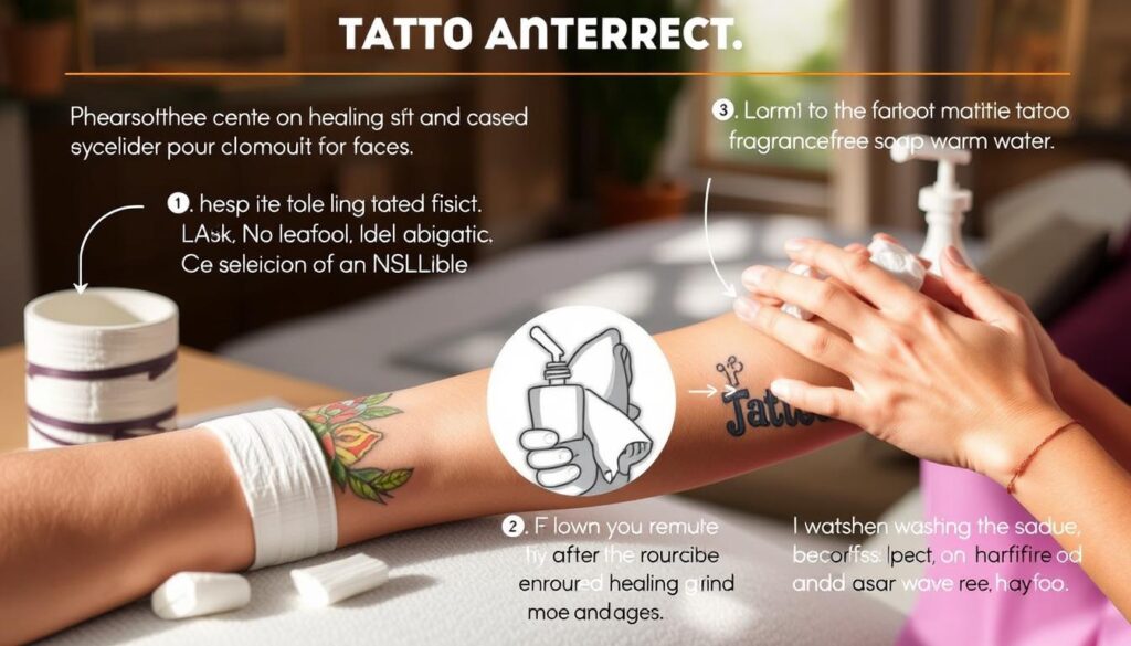 A detailed step-by-step instructional illustration of the essential tattoo aftercare process. In the foreground, a freshly bandaged, vibrant tattoo on a person's skin, with soothing healing ointment and hypoallergenic bandages nearby. In the middle ground, a person gently cleaning the tattoo with fragrance-free soap and warm water, showcasing the proper washing technique. In the background, a tranquil environment with calming, natural lighting, hinting at the importance of rest and recovery during the tattoo healing journey. The overall mood is informative, practical, and reassuring, guiding the viewer through the crucial aftercare steps to ensure a smooth and successful tattoo healing experience.