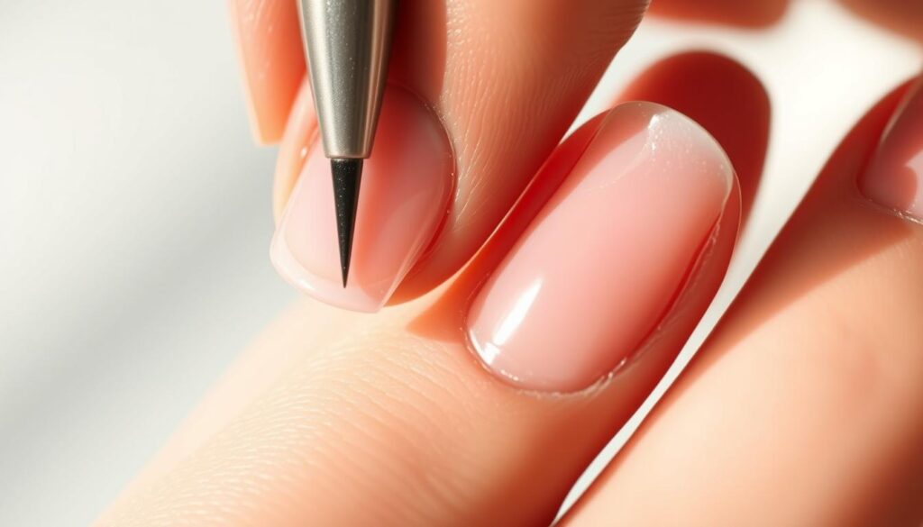 A detailed step-by-step process for at-home acrylic nail removal. Close-up view of a hand delicately removing acrylic nails, layer by layer. Soft, natural lighting from the side creates defined shadows. High-resolution, macro lens captures the intricate textures and precise movements. The focus is sharp on the nails, with a slightly blurred background to emphasize the task at hand. A sense of care and precision is conveyed through the deliberate, methodical actions. The overall mood is calm and instructional, guiding the viewer through each step of the nail removal process. A detailed step-by-step process for at-home acrylic nail removal. Close-up view of a hand delicately removing acrylic nails, layer by layer. Soft, natural lighting from the side creates defined shadows. High-resolution, macro lens captures the intricate textures and precise movements. The focus is sharp on the nails, with a slightly blurred background to emphasize the task at hand. A sense of care and precision is conveyed through the deliberate, methodical actions. The overall mood is calm and instructional, guiding the viewer through each step of the nail removal process.