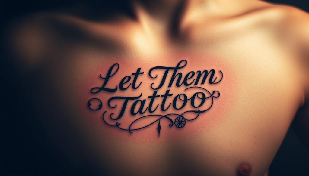 A detailed tattoo design in the center, showcasing the phrase "Let Them Tattoo" in an intricate, calligraphic script. The tattoo is prominently displayed against a neutral background, with subtle shading and texture to give it depth and dimension. The design incorporates symbolic imagery, such as flowing lines, abstract shapes, and organic elements, to represent the themes of self-expression and embracing one's individuality. Soft, diffused lighting creates a contemplative, serene atmosphere, highlighting the thoughtful nature of the tattoo's meaning and significance.