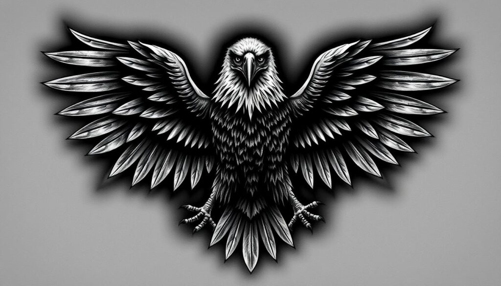 A detailed tattoo design of a bald eagle crest, inspired by the heraldic symbols of former U.S. President Theodore Roosevelt. The design features the eagle's piercing gaze, outstretched wings, and powerful talons, all rendered in a realistic, high-contrast style with intricate shading and textures. The crest is set against a shadowy background, creating a sense of depth and drama. The overall composition is visually striking, capturing the strength, determination, and legacy of the 26th President.