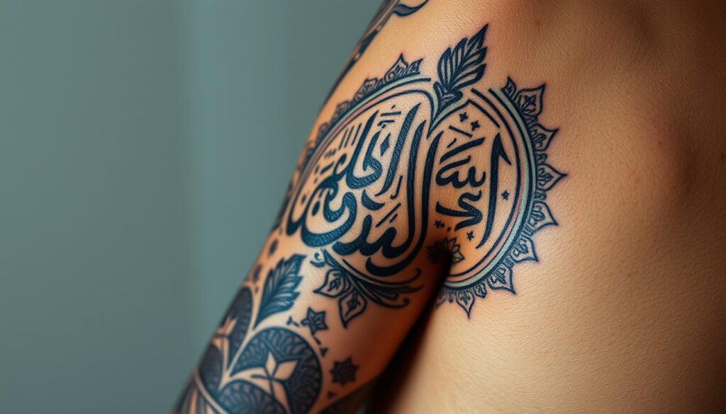A detailed tattoo design on a human skin, showcasing intricate Islamic calligraphy and geometric patterns. The artwork is depicted in a hyper-realistic style, with a focus on the textural quality of the skin and the precise lines of the ink. The tattoo is positioned prominently on the subject's arm, creating a visually striking and culturally significant image. The lighting is soft and diffused, highlighting the depth and complexity of the design. The background is blurred, keeping the attention on the detailed tattoo form.
