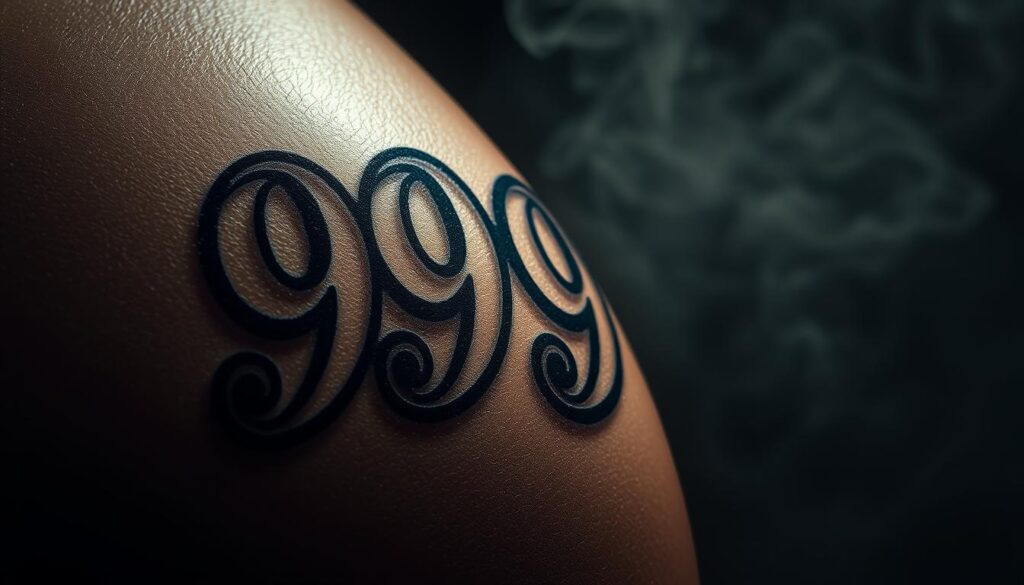 A detailed, tattoo-style depiction of the iconic "999" symbol against a moody, atmospheric backdrop. The numerals are rendered in a bold, intricate design with a distressed, hand-crafted aesthetic, capturing the symbol's symbolic significance. The foreground features the central tattoo motif, while the middle ground showcases a shadowy, textured skin surface. In the background, a hazy, smoke-like environment sets an evocative, vintage tone, evoking the rich history and cultural relevance of the "999" tattoo.