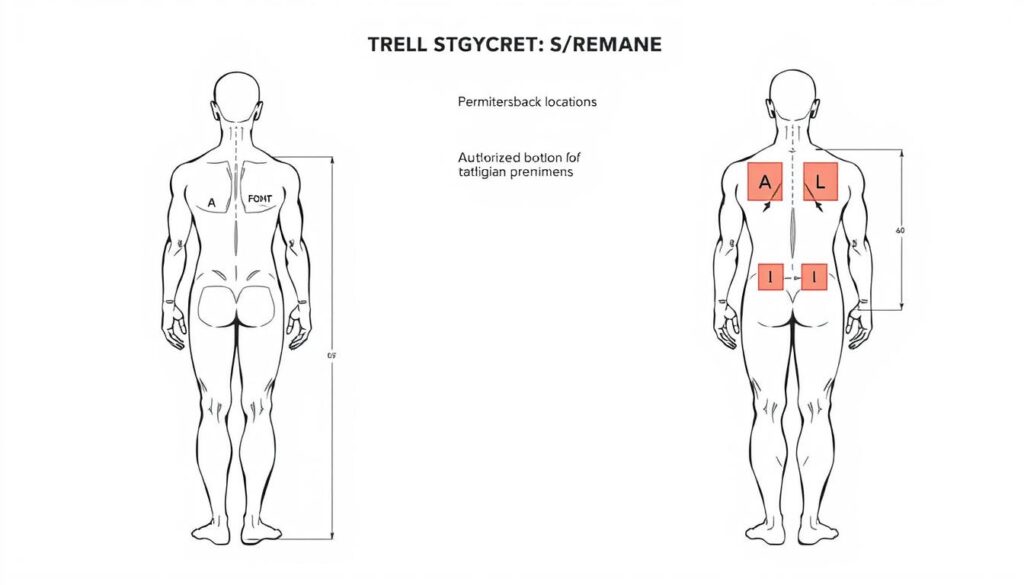 A detailed technical diagram depicting the authorized placement guidelines for military tattoos. The image shows the front and back views of a human figure, with clearly marked zones indicating permitted and prohibited tattoo locations. The figure is rendered in a clean, schematic style with minimalist shading, against a plain white background to emphasize the instructional nature of the content. The layout is well-organized and easy to understand, with precise measurements and annotations to provide clear visual reference for military personnel. Subtle grid lines and measurement scales lend an air of technical precision. The overall tone is informative and utilitarian, designed to serve as a practical visual aid.