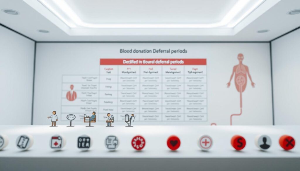 A detailed, technical illustration of blood donation deferral periods. A sterile, clinical setting with a light, airy atmosphere. In the foreground, a series of icons representing various medical conditions and timelines, arranged neatly. In the middle ground, a table or chart displaying the specific deferral periods for each condition, presented in a clear, organized manner. The background features subtle medical imagery, such as test tubes, syringes, or a stylized representation of the human circulatory system, providing context without distracting from the main focus. Lighting is soft and diffused, creating a sense of professionalism and authority. The overall mood is informative, educational, and visually appealing.