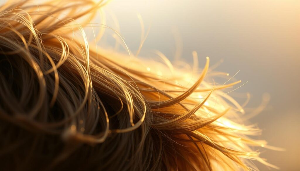 A detailed, textural close-up of the evolution of a wolf cut hairstyle. The foreground depicts the wispy, shaggy layers of the cut, with strands of hair cascading softly. The middle ground showcases the gradual transition from shorter to longer layers, creating depth and movement. In the background, a hazy, ethereal atmosphere suggests the timeless nature of this hairstyle. Warm, golden lighting illuminates the scene, highlighting the nuanced textures and flow of the hair. Shot with a shallow depth of field, creating a sense of intimacy and focus on the subject.