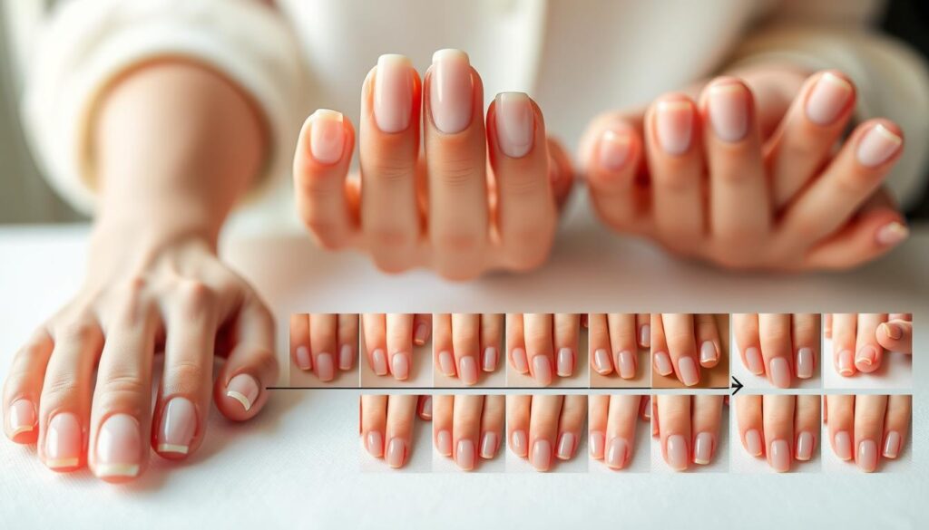 A detailed timeline showcasing the progression of acrylic nail maintenance over time. In the foreground, a set of freshly applied acrylic nails in a natural, minimalist style. In the middle ground, the nails at various stages of growth, with subtle regrowth visible at the cuticles. In the background, a series of close-up images highlighting the gradual changes in nail shape, texture, and overall condition as the acrylic set ages. The lighting is soft and diffused, creating a warm, natural ambiance that enhances the delicate details of the nails. The composition is balanced, with a clean, uncluttered aesthetic that draws the viewer's attention to the central narrative of acrylic nail longevity.
