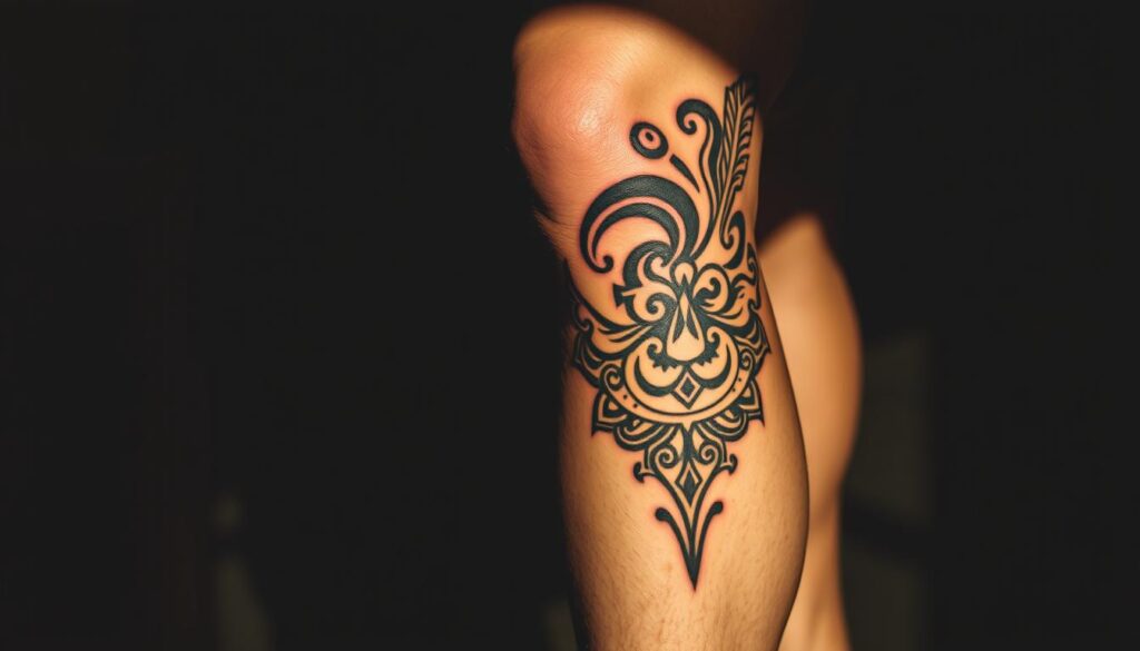 A detailed traditional-style knee tattoo in warm hues, featuring intricate tribal patterns and cultural symbols against a dimly lit, moody background. The tattoo stands out prominently, showcasing its bold lines, shading, and depth. Subtle natural lighting casts dramatic shadows, emphasizing the contours of the knee. The overall composition highlights the cultural significance and artistry of this type of knee tattoo design.
