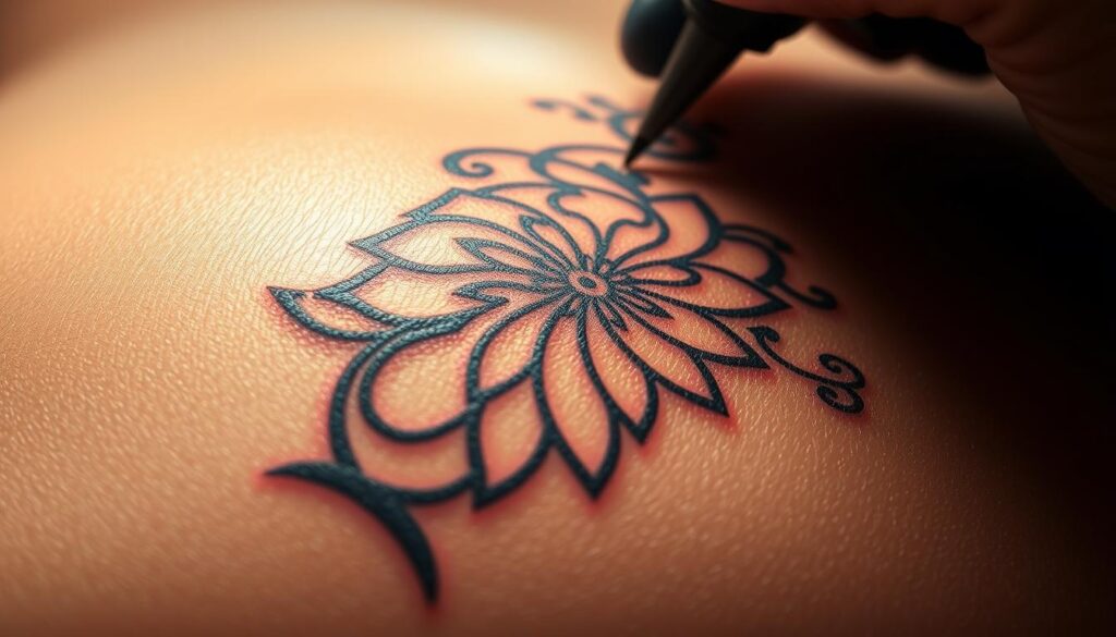 A detailed, up-close view of a three-dimensional nipple tattoo procedure. The scene depicts a close-up of a tattooed nipple, showcasing the intricate patterns and shading created by the tattoo artist's skillful hand. The tattoo is rendered in vivid, lifelike detail, with a sense of depth and dimensionality that gives the impression of a three-dimensional effect. The image is lit with a soft, diffused light, creating a warm, intimate atmosphere. The background is blurred, allowing the viewer to focus solely on the intricate tattoo work. The overall composition and attention to detail convey the precision and care required for this specialized medical procedure.