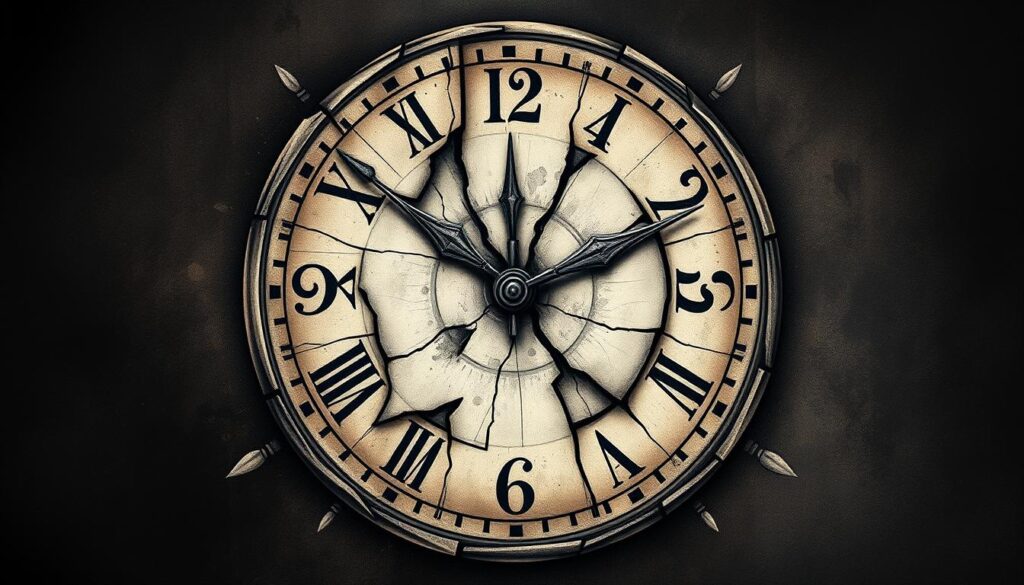 A detailed, weathered, and visually striking tattoo design of a broken analog clock, its face shattered and the hands twisted, set against a dark, moody background with dramatic lighting and textures. The clock face is cracked and fragmented, with a sense of age and decay, conveying a sense of the passage of time and the impermanence of life. The design incorporates intricate linework, shadowing, and highlights to create depth and dimension, resulting in a powerful and visually compelling broken clock tattoo concept.