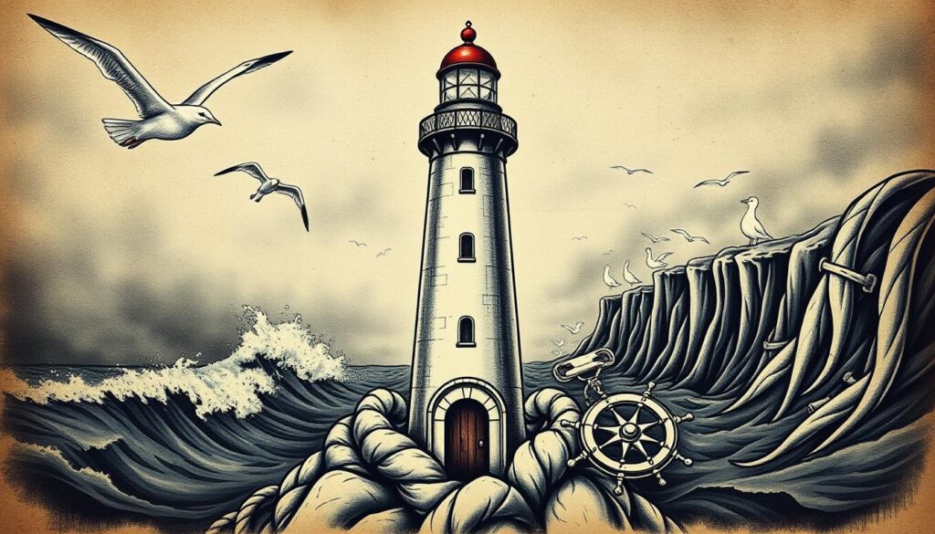 A detailed, weathered lighthouse tattoo design featuring a strong focal point of the lighthouse structure itself in the center, with complementary elements surrounding it in the foreground and background. In the foreground, include nautical symbols like an anchor, ship's wheel, compass rose, or ropes. In the background, depict stormy ocean waves, seagulls, or coastal cliffs. Use a moody, atmospheric lighting with dramatic shadows and highlights to evoke a sense of power and resilience. Render the overall design in a vintage, hand-drawn illustration style with a textured, hand-painted quality.