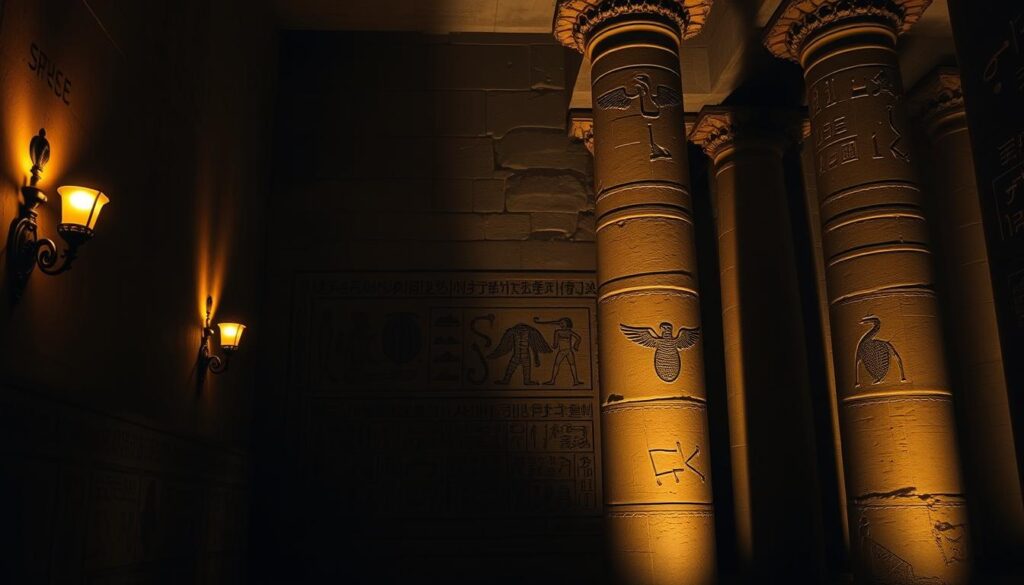 A dimly lit Egyptian temple interior, illuminated by soft, warm lighting from antique wall sconces. In the foreground, a collection of ancient protective symbols carved into the stone walls - the winged sun disk, the ankh, the scarab beetle, and the cobra. The middle ground features intricate hieroglyphic writings, conveying esoteric messages of divine safeguarding. In the background, towering stone columns support the vaulted ceiling, casting dramatic shadows that add depth and mystery to the scene. The overall atmosphere is one of reverence, mysticism, and the timeless power of these sacred symbols to ward off harm and ensure spiritual well-being.