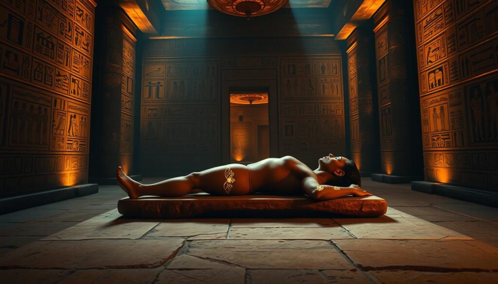 A dimly lit chamber in an ancient Egyptian temple, the walls adorned with intricate hieroglyphics. In the center, a serene figure lies on a stone slab, their skin etched with delicate therapeutic tattoos. The tattoos glow softly, imbued with mystical properties that are said to promote healing and spiritual well-being. The scene is bathed in a warm, amber-hued light, creating an atmosphere of reverence and tranquility. The camera captures the scene from a low angle, emphasizing the grandeur and significance of the ritual. The image conveys the intersection of art, medicine, and spirituality in the ancient Egyptian world.
