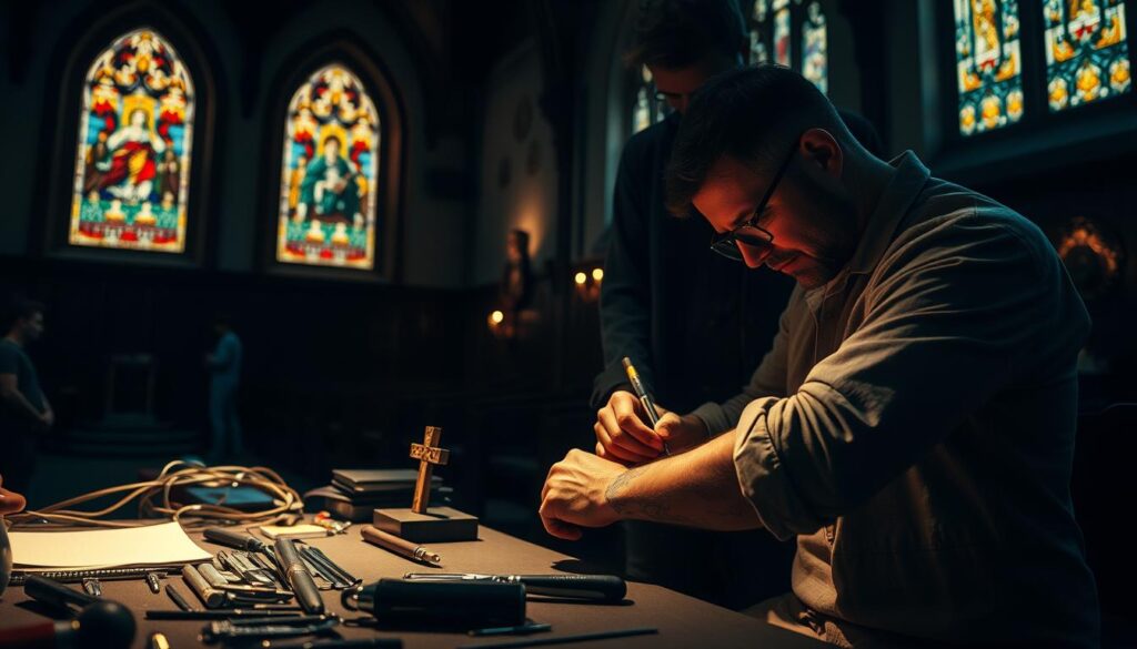 A dimly lit church interior, stained glass windows casting warm hues. In the foreground, a tattooist's workstation with an array of intricate tools and designs. A devout Christian man, his sleeves rolled up, focused on delicately inking a symbolic cross onto the forearm of a fellow believer. The scene conveys a sense of reverence, as the ancient tradition of Christian tattooing is carried out with care and devotion. Subtle shadows and highlights accentuate the tactile nature of the process, while the overall atmosphere evokes a sense of spiritual contemplation.