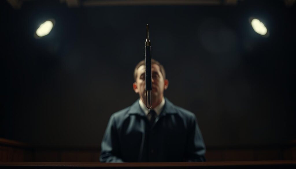 A dimly lit courtroom, the defendant standing before a stern-faced judge. Overhead, a harsh spotlight casts dramatic shadows, emphasizing the gravity of the situation. In the foreground, a tattoo needle hovers menacingly, a symbol of the illegal act that has brought this individual to justice. The background is hazy, blurred, conveying a sense of unease and the weight of legal consequences. The overall mood is somber, a cautionary tale of the risks and penalties associated with tattooing minors, captured in a cinematic, high-contrast style.