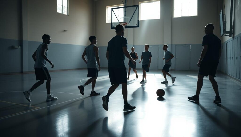 A dimly lit indoor basketball court, the sound of sneakers squeaking against the polished floor muted. In the center, a group of players move silently, their movements fluid and precise as they practice dribbling, passing, and shooting. Soft natural light filters in through high windows, casting long shadows that accentuate the players' focused expressions. The air is thick with concentration, the only noise the rhythmic bounce of the ball. Toward the sidelines, a coach observes intently, their gaze sharp and attentive, guiding the silent drills with subtle hand gestures. The scene exudes a sense of intensity and discipline, a masterclass in the art of silent basketball skill development.