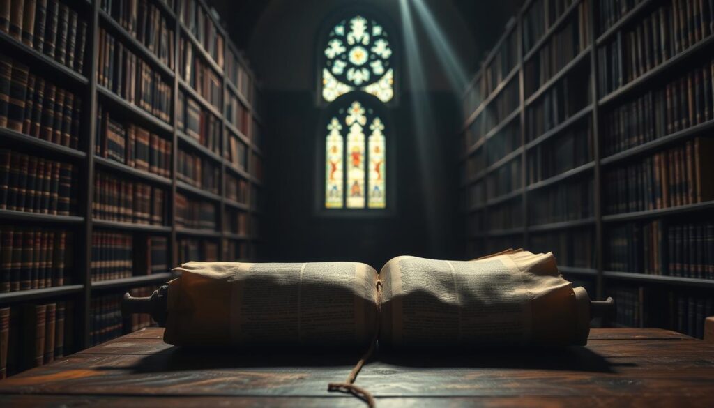 A dimly lit interior of an ancient library, with rows of leather-bound books lining the shelves. A single beam of light filters through a stained-glass window, illuminating a worn, parchment-like scroll unrolled on a wooden table. The scroll's text is indecipherable, hinting at the arcane knowledge of the Old Testament law. The atmosphere is one of reverence and scholarly contemplation, with a sense of the weight and significance of the subject matter.