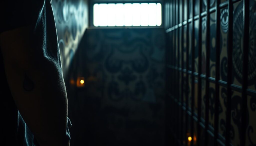 A dimly lit prison cell, the walls adorned with a tapestry of symbolic tattoos. In the foreground, a tattered sleeve reveals a delicate teardrop design, its meaning etched into the skin - a poignant tale of loss, struggle, and resilience. The middle ground showcases a diverse array of intricate patterns, each representing a unique story, a shared history of the incarcerated. Shadows cast by flickering candlelight dance across the textured surfaces, creating an atmosphere of introspection and contemplation. The background fades into a hazy, uncertain future, a reminder of the complexities that lie within the prison tattoo subculture. Captured through a moody, cinematic lens, this image aims to shed light on the origins and significance of the iconic teardrop tattoo. A dimly lit prison cell, the walls adorned with a tapestry of symbolic tattoos. In the foreground, a tattered sleeve reveals a delicate teardrop design, its meaning etched into the skin - a poignant tale of loss, struggle, and resilience. The middle ground showcases a diverse array of intricate patterns, each representing a unique story, a shared history of the incarcerated. Shadows cast by flickering candlelight dance across the textured surfaces, creating an atmosphere of introspection and contemplation. The background fades into a hazy, uncertain future, a reminder of the complexities that lie within the prison tattoo subculture. Captured through a moody, cinematic lens, this image aims to shed light on the origins and significance of the iconic teardrop tattoo.