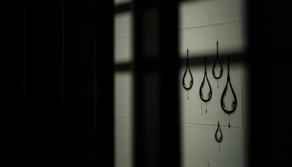 A dimly lit prison cell, the walls marked with the faint outline of a teardrop tattoo. The tattoo's lines are sharp, precise, each drop a symbol of a life lost or a crime committed. The lighting casts dramatic shadows, highlighting the intricate details of the tattoo's design. The background is muted, drawing the viewer's focus to the powerful, haunting image of the teardrop. The overall atmosphere is somber, reflecting the gravity and significance of this mark of incarceration. A single, solitary tear falls, a testament to the burden of the past and the weight of the choices that led to this moment. A dimly lit prison cell, the walls marked with the faint outline of a teardrop tattoo. The tattoo's lines are sharp, precise, each drop a symbol of a life lost or a crime committed. The lighting casts dramatic shadows, highlighting the intricate details of the tattoo's design. The background is muted, drawing the viewer's focus to the powerful, haunting image of the teardrop. The overall atmosphere is somber, reflecting the gravity and significance of this mark of incarceration. A single, solitary tear falls, a testament to the burden of the past and the weight of the choices that led to this moment.