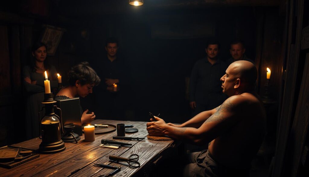 A dimly lit, rustic interior scene depicting the historical practice of tattooing. In the foreground, a tattooist carefully inks intricate designs onto the skin of a stoic subject, their tools and instruments laid out on a weathered wooden table. In the middle ground, onlookers observe the process, their faces illuminated by the warm glow of candles and oil lamps. The background is shrouded in shadow, hinting at the ancient, secretive nature of this cultural tradition. The overall atmosphere is one of reverence, tradition, and the enduring human desire to mark the body as a canvas for personal, spiritual, or tribal expression.