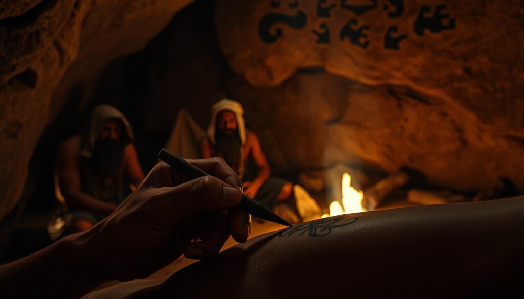 A dimly lit scene of ancient ritual and origins. In the foreground, a weathered hand grips a primitive tattooing tool, ink-stained fingers carefully etching intricate designs into tanned skin. The middle ground reveals a group of tribal elders, their faces shrouded in shadows, observing the sacred process with reverence. In the background, the flickering light of a fire casts an amber glow, illuminating the rugged, time-worn textures of a cave wall adorned with faded, mysterious markings - the ancestral origins of this ancient art form. A sense of mysticism and the weight of tradition permeates the atmosphere, capturing the timeless essence of when tattoos were first invented.
