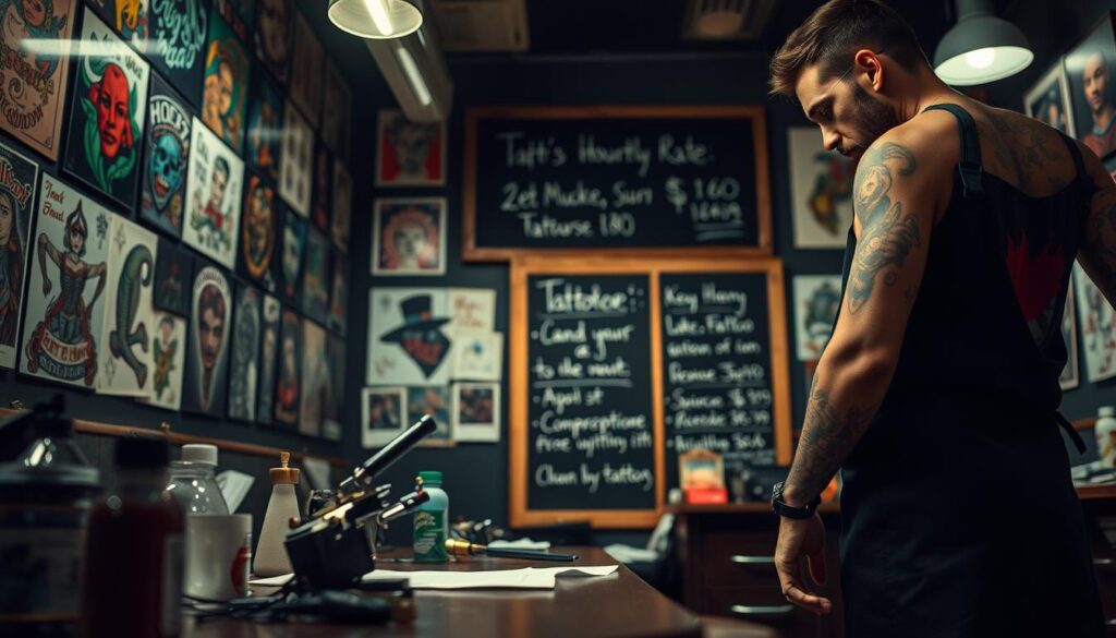 A dimly lit tattoo parlor, its walls adorned with vibrant tattoo designs. In the foreground, a tattoo artist's workstation comes into focus, showcasing their tools of the trade - tattoo machines, inks, and stencils. The artist, clad in a black apron, stands ready, their skilled hands poised to create a masterpiece on the client's skin. In the middle ground, a chalkboard displays the artist's hourly rate, reflecting their years of experience and exceptional craftsmanship. The atmosphere is one of quiet concentration, the hum of the tattoo machine the only sound that breaks the silence. Soft, warm lighting casts a cozy glow, creating an intimate and inviting setting for the tattoo process.