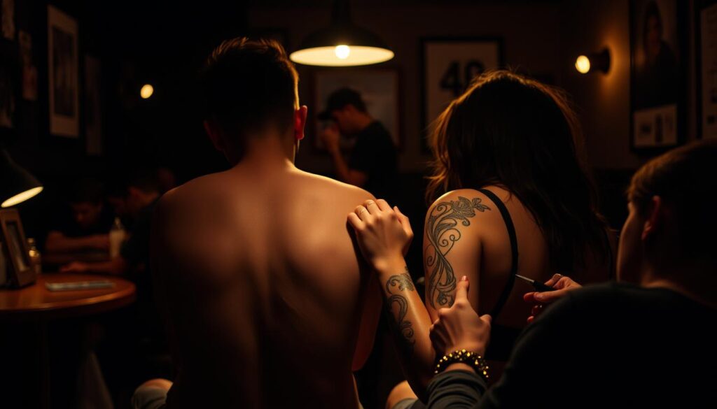 A dimly lit tattoo parlor, the hum of the needle echoing through the room. In the foreground, two friends sit side by side, gripping each other's hands as they share a deeply personal moment, their skin becoming a canvas for their bond. The artist's skilled hands blend intricate, intertwined designs onto their arms, creating a visual representation of their unbreakable connection. Soft, warm lighting casts a gentle glow, evoking a sense of intimacy and trust. In the background, the faint outline of additional clients waiting patiently, each with their own story to inscribe upon their bodies, a tapestry of shared experiences woven together through the art of tattooing.