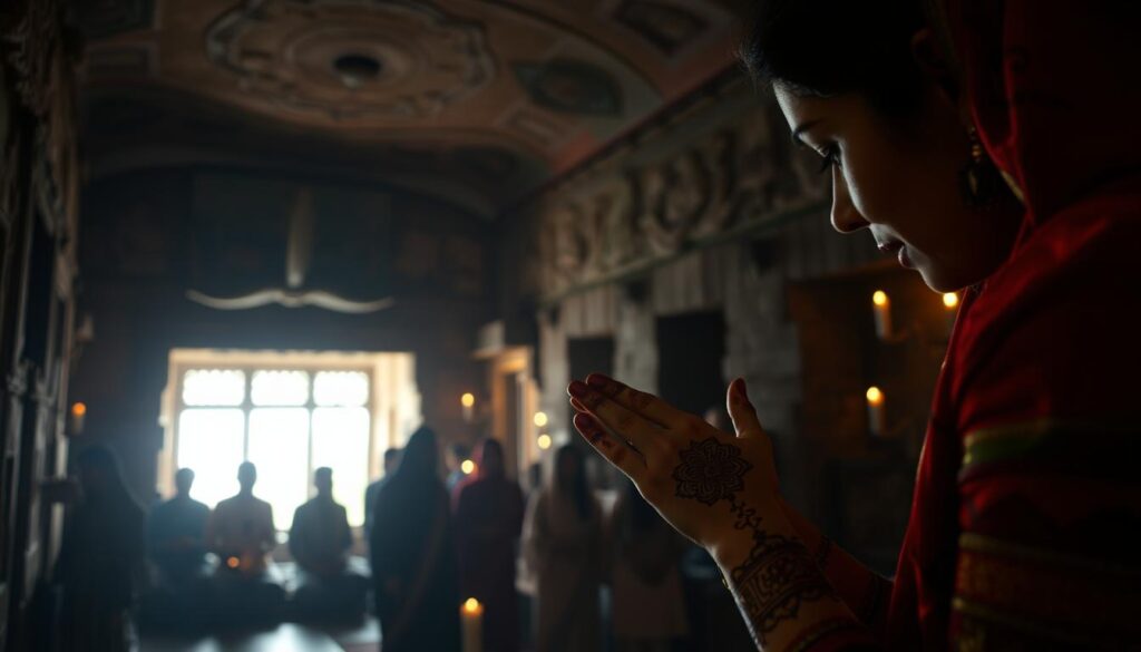 A dimly lit temple interior, ancient stone walls adorned with intricate henna designs. In the foreground, a woman's hands delicately apply the reddish-brown paste, creating mesmerizing patterns that flow across her skin. Soft, flickering candlelight casts a warm glow, illuminating the rich cultural heritage of this timeless body art tradition. In the background, shadowy figures gather, observing the ritual with reverence. A sense of timelessness and spiritual connection pervades the scene, transporting the viewer to a forgotten era when henna was not just a decorative medium, but a sacred practice deeply rooted in tradition. A dimly lit temple interior, ancient stone walls adorned with intricate henna designs. In the foreground, a woman's hands delicately apply the reddish-brown paste, creating mesmerizing patterns that flow across her skin. Soft, flickering candlelight casts a warm glow, illuminating the rich cultural heritage of this timeless body art tradition. In the background, shadowy figures gather, observing the ritual with reverence. A sense of timelessness and spiritual connection pervades the scene, transporting the viewer to a forgotten era when henna was not just a decorative medium, but a sacred practice deeply rooted in tradition.