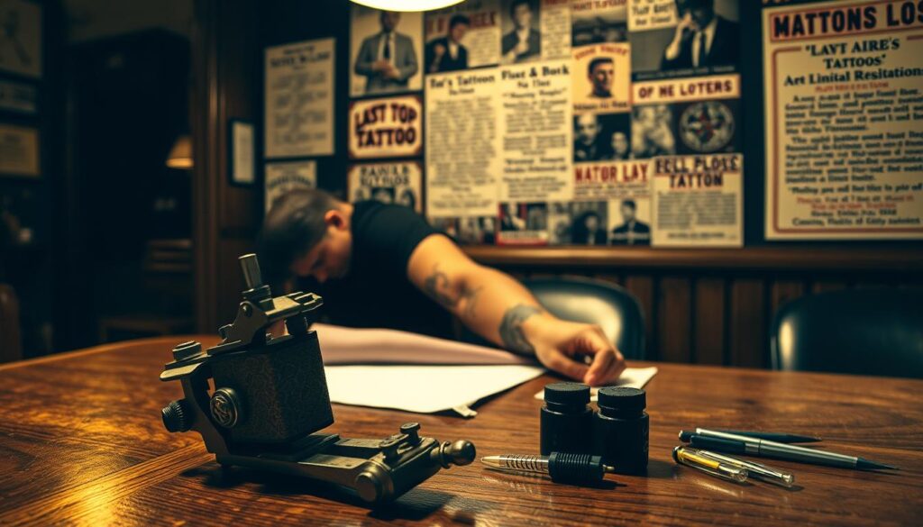 A dimly lit, vintage-style room with warm lighting. In the foreground, an ornate tattoo machine sits on a wooden table, alongside various tattoo needles and inks. In the middle ground, a person's arm is partially visible, showcasing a partially completed tattoo design. In the background, a collage of historical tattoo age restriction laws, regulations, and public health concerns is displayed on the wall, creating a sense of the reasons and context behind tattoo age limits.