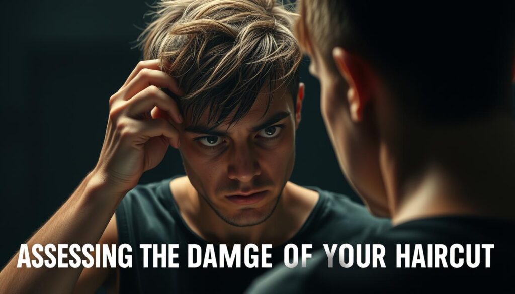 A distressed individual stands before a mirror, closely inspecting their uneven, choppy haircut with a furrowed brow. The harsh lighting casts dramatic shadows, accentuating the imperfections. Their expression conveys a mixture of dismay and a sense of impending doom as they assess the damage, their fingers gingerly running through the uneven strands. The background is blurred, keeping the focus solely on the person's anxious scrutiny of their disastrous hairdo, capturing the essence of the "Assessing the Damage of Your Haircut" section.