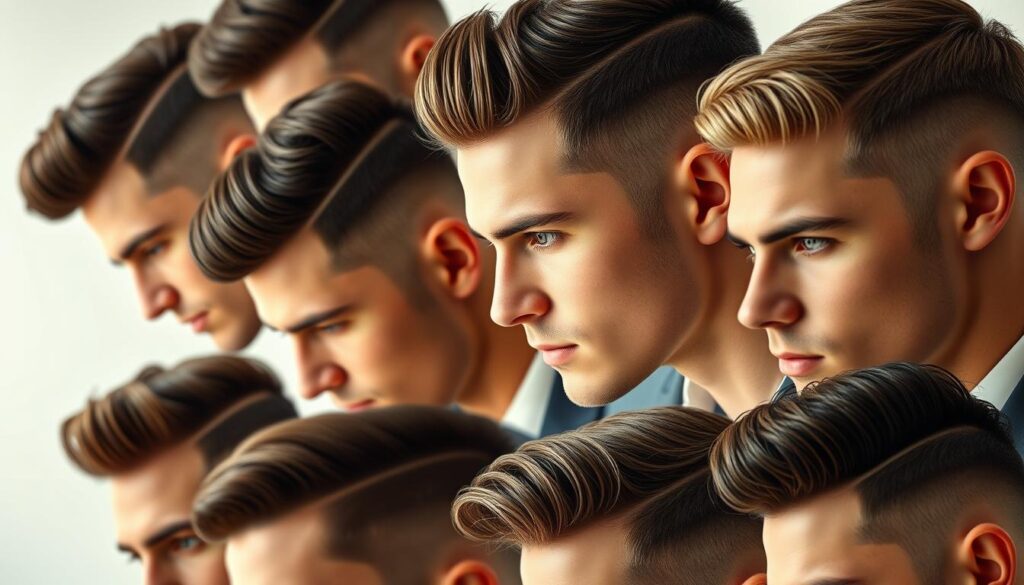 A diverse arrangement of distinctive men's hairstyles, showcasing a range of modern and classic cuts against a softly blurred, minimalist background. Crisp, well-lit close-up portraits capture the intricate textures and precise styling of short, medium, and long haircuts, including sleek pompadours, textured spikes, neatly trimmed fades, and sophisticated side-parts. The men's facial features are subtly obscured, emphasizing the focus on their striking hairstyles. The overall tone is one of refined sophistication, highlighting the versatility and aesthetic appeal of popular men's hair trends. A diverse arrangement of distinctive men's hairstyles, showcasing a range of modern and classic cuts against a softly blurred, minimalist background. Crisp, well-lit close-up portraits capture the intricate textures and precise styling of short, medium, and long haircuts, including sleek pompadours, textured spikes, neatly trimmed fades, and sophisticated side-parts. The men's facial features are subtly obscured, emphasizing the focus on their striking hairstyles. The overall tone is one of refined sophistication, highlighting the versatility and aesthetic appeal of popular men's hair trends.