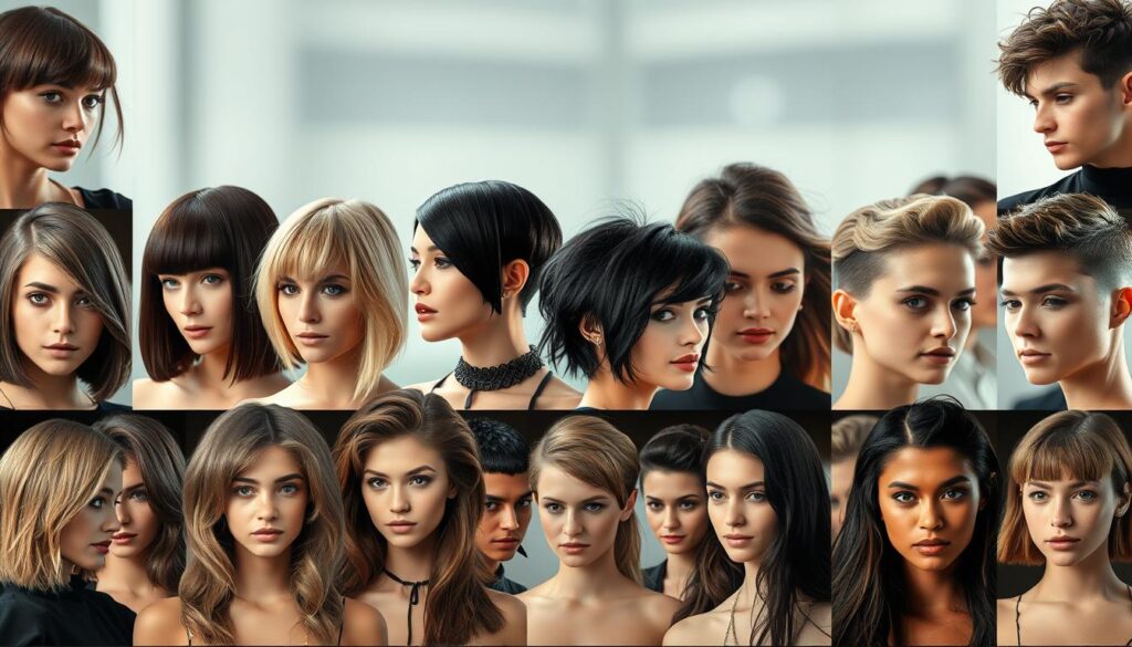 A diverse array of contemporary haircut styles, arranged in a visually compelling manner. The foreground showcases a range of stylish cuts, from sleek bobs and layered shags to textured quiffs and neatly trimmed fades. The middle ground features individuals modeling these distinctive hairstyles, captured in natural lighting that accentuates the depth and movement of the hair. The background subtly blurs, allowing the focal point to be the vibrant diversity of haircut designs. The overall composition conveys a sense of fashion-forward aesthetics and personal expression, perfectly suited to illustrate the "Popular Hair Cut Styles for Various Lengths" section. A diverse array of contemporary haircut styles, arranged in a visually compelling manner. The foreground showcases a range of stylish cuts, from sleek bobs and layered shags to textured quiffs and neatly trimmed fades. The middle ground features individuals modeling these distinctive hairstyles, captured in natural lighting that accentuates the depth and movement of the hair. The background subtly blurs, allowing the focal point to be the vibrant diversity of haircut designs. The overall composition conveys a sense of fashion-forward aesthetics and personal expression, perfectly suited to illustrate the "Popular Hair Cut Styles for Various Lengths" section.