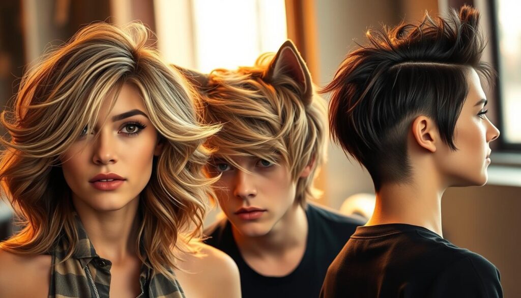 A diverse array of fluffy, layered wolf cut hairstyles, each with its own unique flair. In the foreground, a stylized wolf cut with soft, voluminous waves cascading around the model's face, illuminated by warm, diffused lighting. In the middle ground, a more textured wolf cut with choppy, tousled strands framing the features. In the background, a sleek, swept-back variation with a sophisticated, edgy vibe. The overall scene evokes a sense of youthful energy and modern, fashion-forward aesthetics, perfectly capturing the allure of the versatile wolf cut.