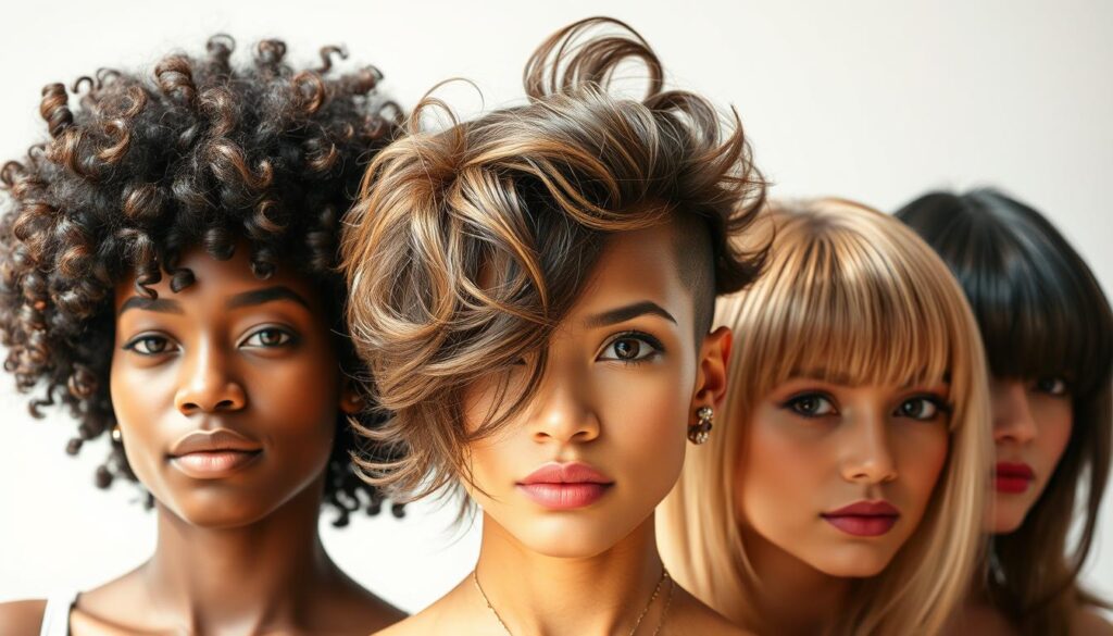 A diverse array of hair textures, each showcasing the versatility of the wolf cut hairstyle. In the foreground, a model with tightly coiled afro-textured hair, their curls framing a serene, confident expression. In the middle ground, a wavy-haired individual, their layers cascading in a soft, effortless flow. And in the background, a person with straight, fine hair, the wolf cut's sharp lines and volume accentuating their facial features. Soft, diffused natural lighting illuminates each subject, highlighting the unique character and movement of their hair. Captured with a wide-angle lens to emphasize the harmonious coexistence of these distinct hair textures, all united by the dynamic, stylish wolf cut.